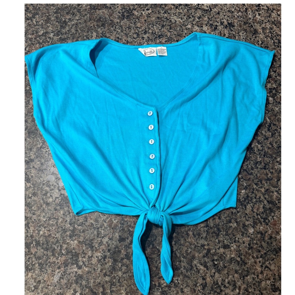 Vintage Parrinello Turquoise Blue Tie Front Crop Top Button Henley Knit Large
